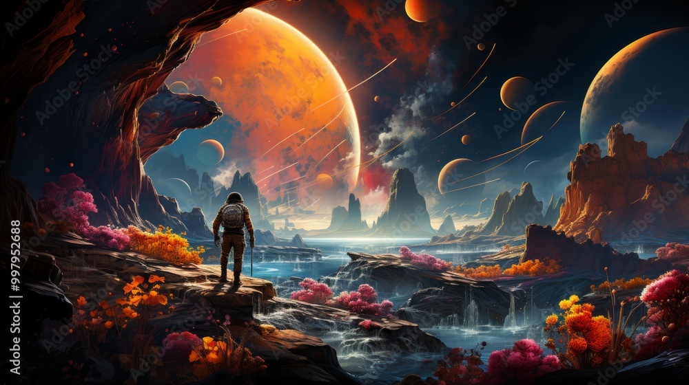 Poster a man is standing on a rocky surface in front of a large red planet