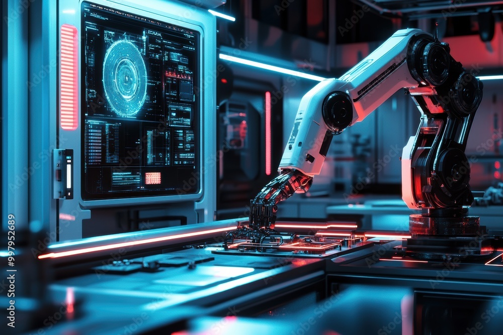 Poster In a futuristic lab, a robotic arm meticulously assembles complex machinery, surrounded by glowing panels and advanced holographic displays. Generative AI