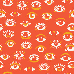 Vibrant Eye Motif Seamless Pattern in Bold Orange and Yellow Color Scheme Repeating All-Seeing Eye Design in Vector Format for Digital and Print Projects