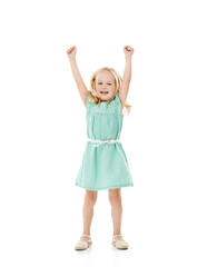 Studio, excited and child in portrait for announcement, celebration and cheerful for first day of kindergarten. Mockup space, happy kid and girl with hand up for news, backdrop and white background