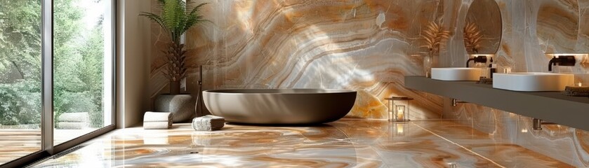A bathroom with a large bathtub and two sinks