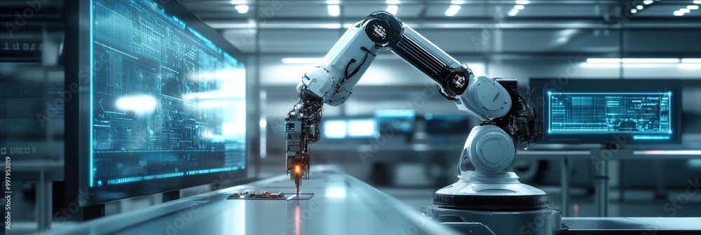 Fototapete A robotic arm meticulously assembles intricate machinery in a modern lab, surrounded by glowing panels and advanced holographic technology. Generative AI