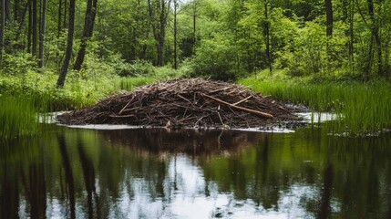 beaver dam with wood.