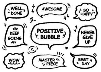 Comic style cute quote outline speech bubble with positive words. Set of hand drawn memo frame. Cartoon doodle crayon drawing cloud, box, message. Flat vector Best Day Awesome Masterpiece Happy WOW