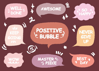 Comic style cute quote colorful speech bubble with positive words. Set of hand drawn memo frame. Cartoon doodle crayon drawing cloud, box, message. Flat vector. Best Awesome WOW Master Piece Go Well