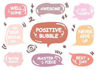 Comic style cute quote colorful speech bubble with positive words. Set of hand drawn memo frame. Cartoon doodle crayon drawing cloud, box, message. Flat vector. Best Awesome WOW Master Piece Go Well