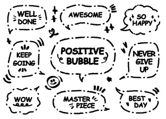 Comic style cute quote outline speech bubble with positive words. Set of hand drawn memo frame. Cartoon doodle crayon drawing cloud, box, message. Flat vector Best Day Awesome Masterpiece Happy WOW