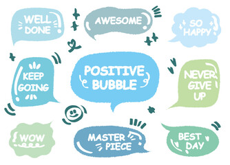 Set of positive words with colorful speech bubble. Compliment phase in variety abstract shape memo box, chat frame. Hand drawn style with crayon cute stickers label praise message. Best Master piece