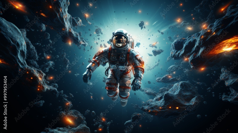 Poster a man in a spacesuit is floating in space with a lot of rocks around him