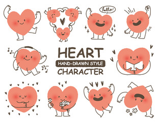 cute hand drawn style heart shape character sticker. Variety of love symbol concept crayon drawing doodles. Health, lovely, running hearts icon set. Cartoon style Romantic valentine's day vector set.