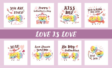 Fototapeta premium Hand drawn style rainbow heart shape valentine's day cards with love quote. Collection of the LGBTQ couple lover date. Joyful homosexual couple in love concept set. Kiss Hug Warm XOXO Soulmate Dance