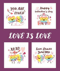 Hand drawn style rainbow heart shape valentine's day cards with love quote. Collection of the LGBTQ couple lover date. Joyful homosexual couple in love concept set. Kiss Hug Warm XOXO Soulmate Dance