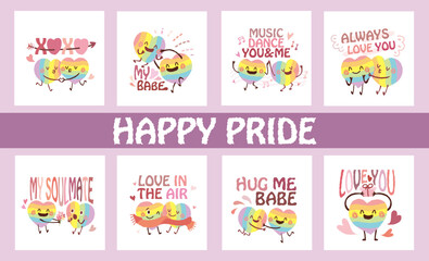 Hand drawn style rainbow heart shape valentine's day cards with love quote. Collection of the LGBTQ couple lover date. Joyful homosexual couple in love concept set. Kiss Hug Warm XOXO Soulmate Dance