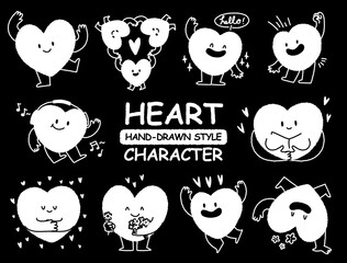 cute hand drawn style heart shape character sticker. Variety of love symbol concept crayon drawing doodles. Health, lovely, running hearts icon set. Cartoon style Romantic valentine's day vector set.