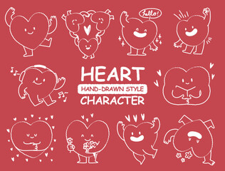 Outline cute hand drawn style heart shape character sticker. Variety of outline love symbol concept crayon drawing doodles. Health, lovely, running hearts.Cartoon style Romantic valentine's day.