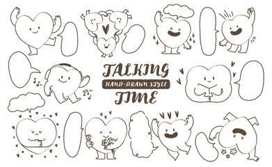 Fototapeta premium cute hand drawn style heart shape character with speech bubble. Variety of outline love symbol concept crayon drawing doodles blank to text. Health lovely, running hearts icon set. Romantic valentine