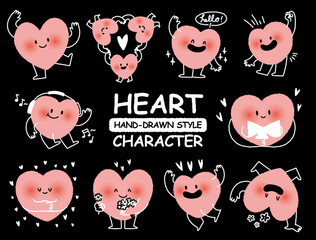cute hand drawn style heart shape character sticker. Variety of love symbol concept crayon drawing doodles. Health, lovely, running hearts icon set. Cartoon style Romantic valentine's day vector set.