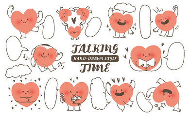 cute hand drawn style heart shape character with speech bubble. Variety of love symbol concept crayon drawing doodles blank to text. Health lovely, running hearts icon set. Romantic valentine. balloon