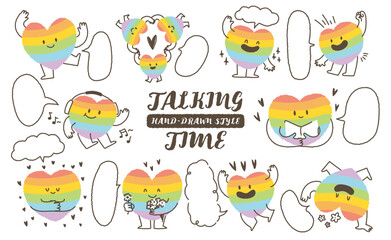cute hand drawn style rainbow color heart shape character with speech bubble. Variety of LGBTQ love symbol concept crayon drawing doodles blank to text. Health lovely running hearts icon set. Romantic