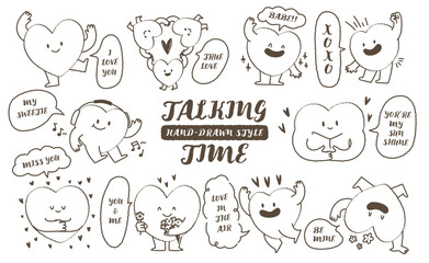 cute hand drawn style heart shape character with romantic quote speech bubble. Variety of love symbol concept crayon drawing doodles blank to text. Health lovely, running hearts icon set. Valentine