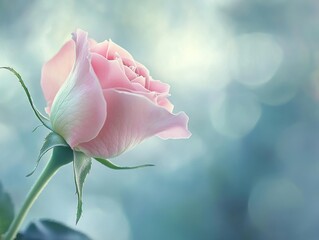 2408 56.A delicate pink rose in sharp focus against a softly blurred background, creating a dreamy, romantic ambiance. The gentle curves of the petals stand out, perfect for a clean and modern