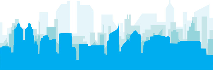 Blue panoramic city skyline poster with bluish misty transparent background buildings of JAKARTA, INDONESIA