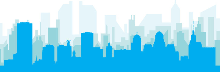 Blue panoramic city skyline poster with bluish misty transparent background buildings of BUFFALO, UNITED STATES