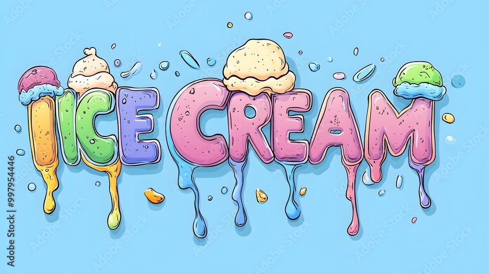 Wall mural colorful ice cream text art with melting scoops and an ice cream cone on a bright blue background