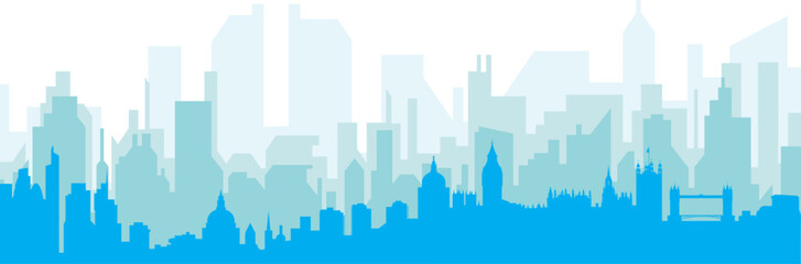 Blue panoramic city skyline poster with bluish misty transparent background buildings of LONDON, UNITED KINGDOM