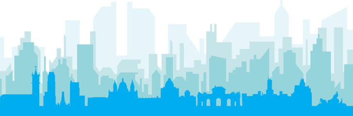 Fototapeta premium Blue panoramic city skyline poster with bluish misty transparent background buildings of MADRID, SPAIN