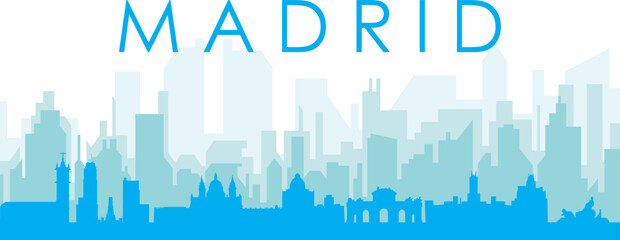 Fototapeta premium Blue panoramic city skyline poster with bluish misty transparent background buildings of MADRID, SPAIN