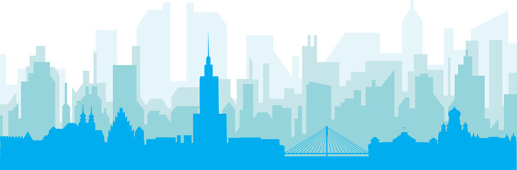 Blue panoramic city skyline poster with bluish misty transparent background buildings of WARSAW, POLAND