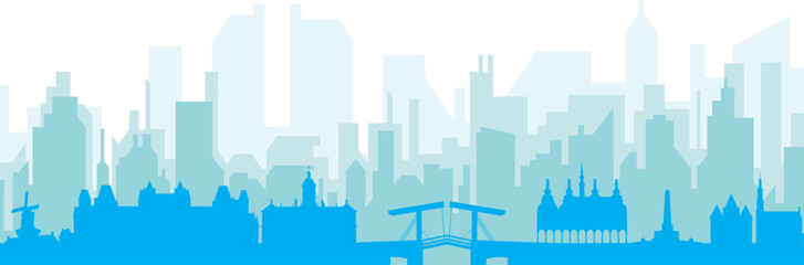 Naklejka premium Blue panoramic city skyline poster with bluish misty transparent background buildings of AMSTERDAM, NETHERLANDS