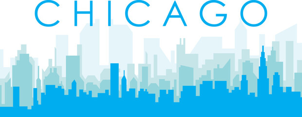 Obraz premium Blue panoramic city skyline poster with bluish misty transparent background buildings of CHICAGO, UNITED STATES