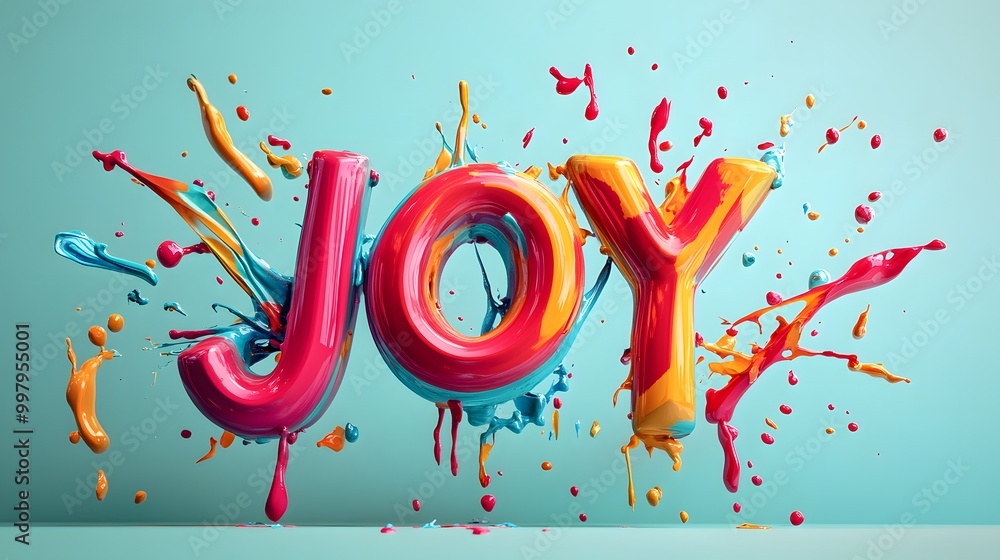 Poster joyful 3d typography art with multicolored paint splashes creating an uplifting and playful design