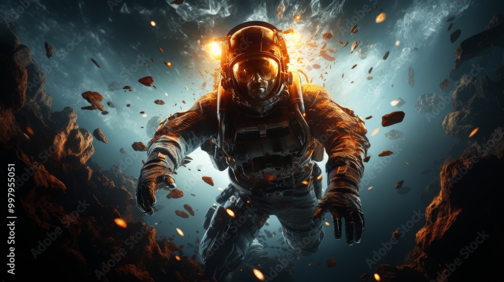 Poster a man in a spacesuit is diving into a pile of rocks