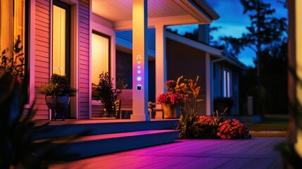 A front porch with smart lighting that welcomes guests with customized light patterns and a security system that alerts to unrecognized visitors