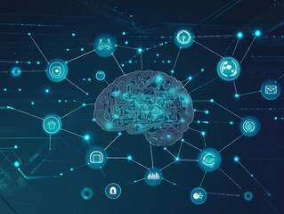 2408 74.A detailed vector graphic showing a digital brain network connected to various learning icons. The abstract background features flowing data streams and glowing lines, symbolizing the