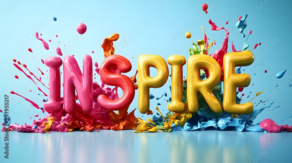 Poster nspire 3d typography with vibrant paint splashes creating a colorful and motivational design on a br