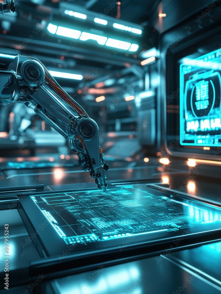 Leinwandbilder In a sleek lab, a futuristic robotic arm intricately assembles complex machinery using advanced technology and holographic interfaces. Generative AI