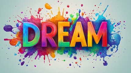 Dream 3D typography art with vibrant rainbow-colored paint splashes creating an imaginative and colorful design