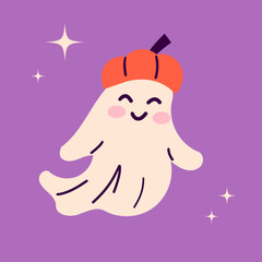 Cute beauty ghost. Happy Halloween ghost character, spooky expression creature. Funny scary magic demon with pumpkin, mystery creative vector clipart