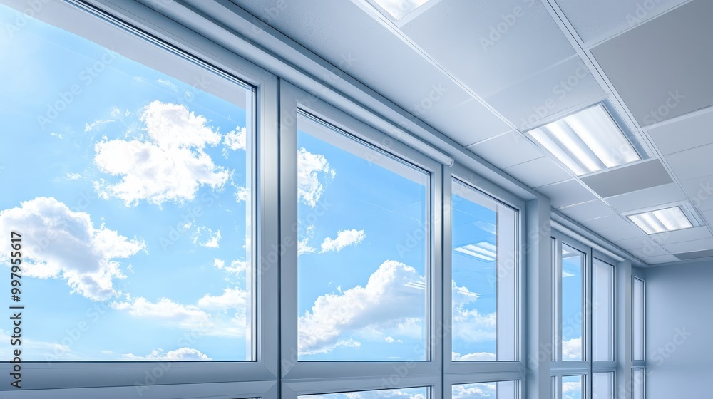 Poster a bright office space featuring large windows with a clear view of a blue sky and fluffy clouds, pro