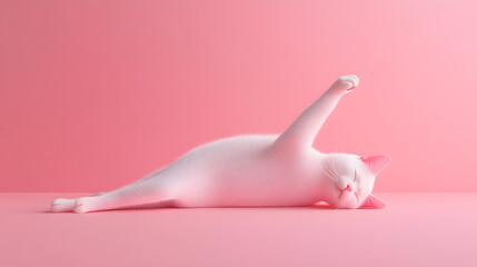 3D minimal pastel cat stretching icon with soft curves placed on a clean background