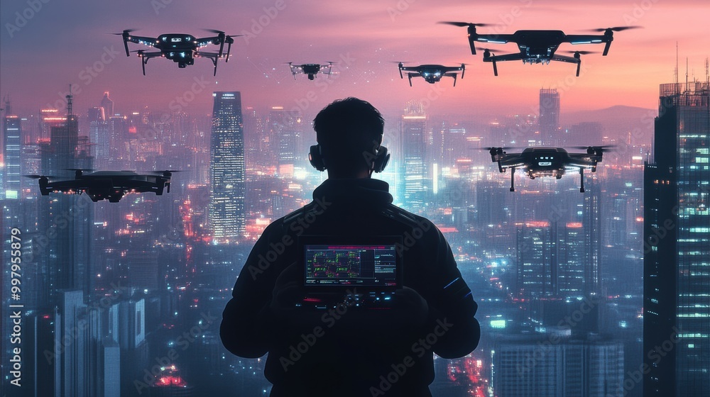 Fototapete A skilled drone pilot uses a touchpad to manage a fleet of advanced drones in a high-tech control center as dusk falls. Generative AI
