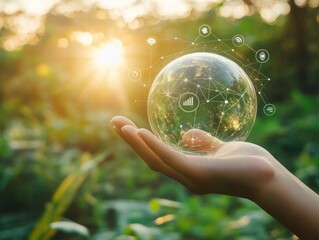 2408 97.A hand cradles a transparent globe with ESG icons orbiting around it. The visual emphasizes the integration of environmental, social, and governance practices in business, with a focus on