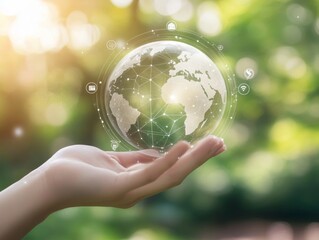 2408 97.A hand cradles a transparent globe with ESG icons orbiting around it. The visual emphasizes the integration of environmental, social, and governance practices in business, with a focus on