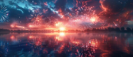 Vibrant Fireworks Display Over Serene Lake at Dusk