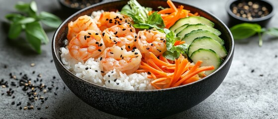 A vibrant bowl features tender shrimp atop fluffy rice, paired with fresh cucumber slices, shredded carrots, and aromatic herbs, creating a healthy, colorful meal