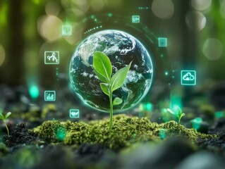 2408 113.A detailed digital Earth floats above a young plant growing from moss, encircled by green icons representing various forms of clean energy. The scene symbolizes the integration of ecological